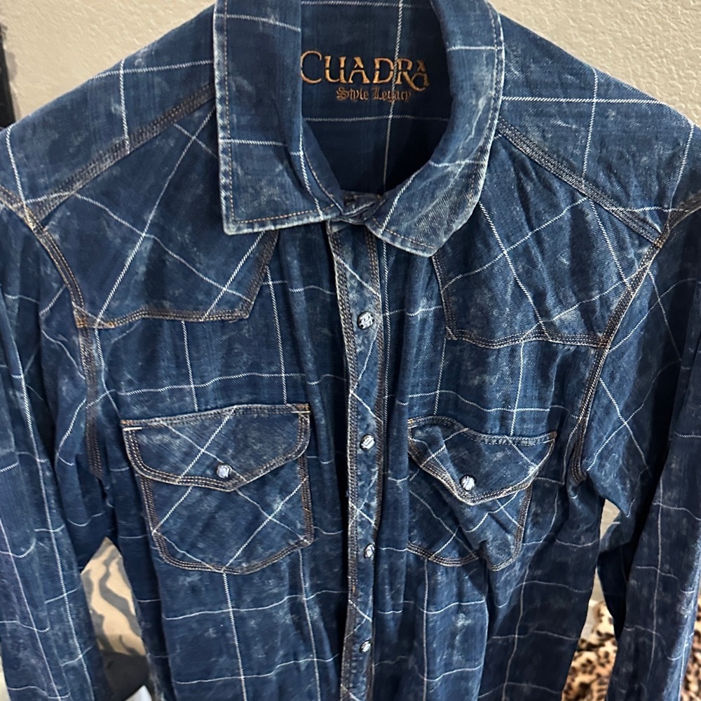 CUADRA Blue Plaid Casual Button-Down Shirt - Picture 5 of 7
